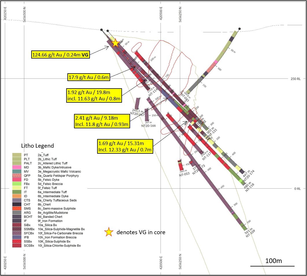Diagram 4: DDH NT20-174, vertical section, looking northeast, 20m window. NT Zone outline dipping SE (right), internal wireframes are mineralized shapes used in 2015 Preliminary Economic Evaluation. (CNW Group/Trillium Gold Mines Inc.)