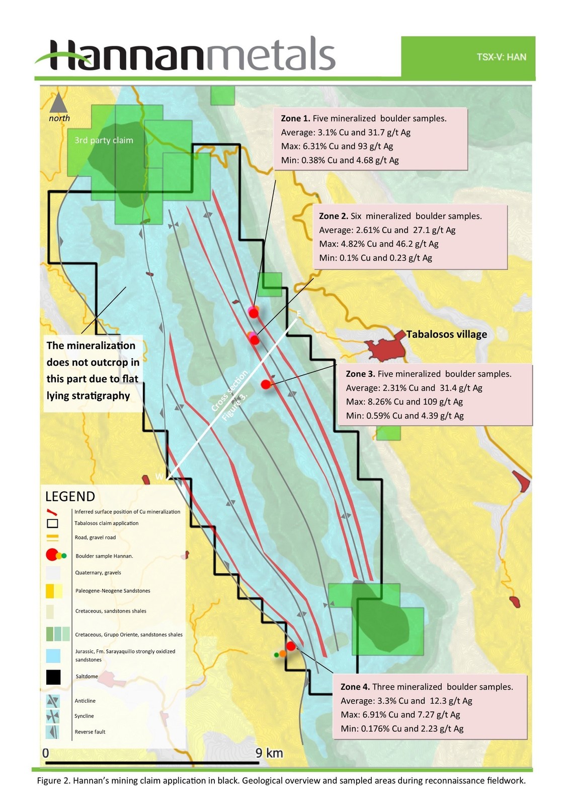 Figure 2 - Hannan's mining claim application in black. Geological overview and sampled areas during reconnaissance fieldwork.