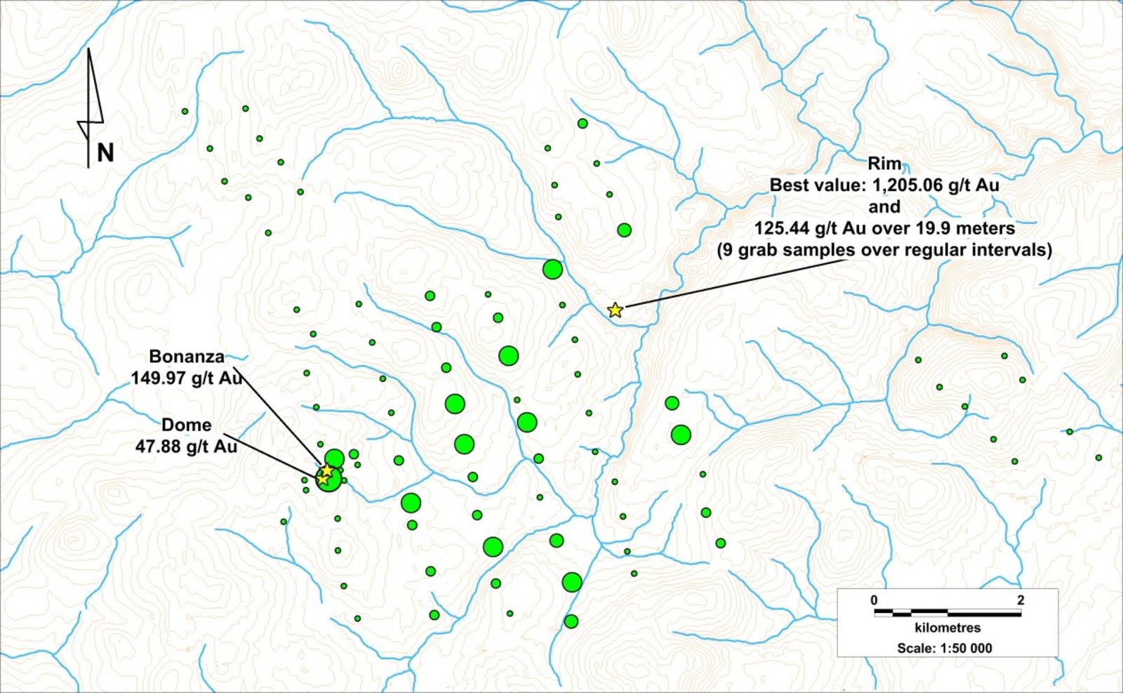 Map 2. Corresponding till sample results with X-Terra samples