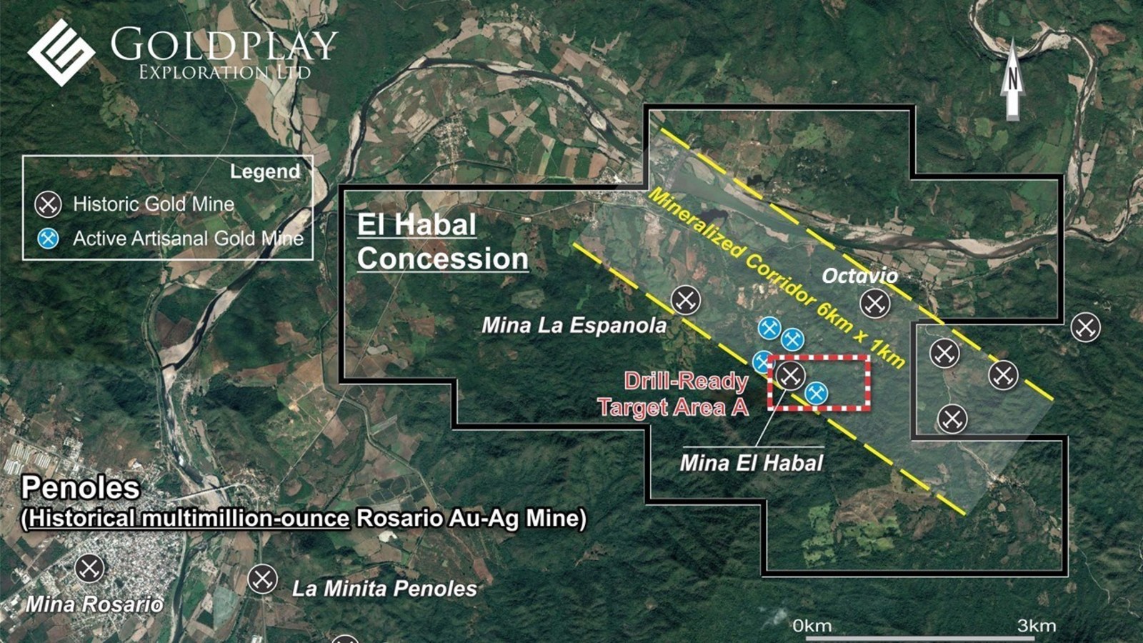 Figure 01- El Habal Concession map showing Target Area A, Mina La Espanola and Mineralized Corridor.