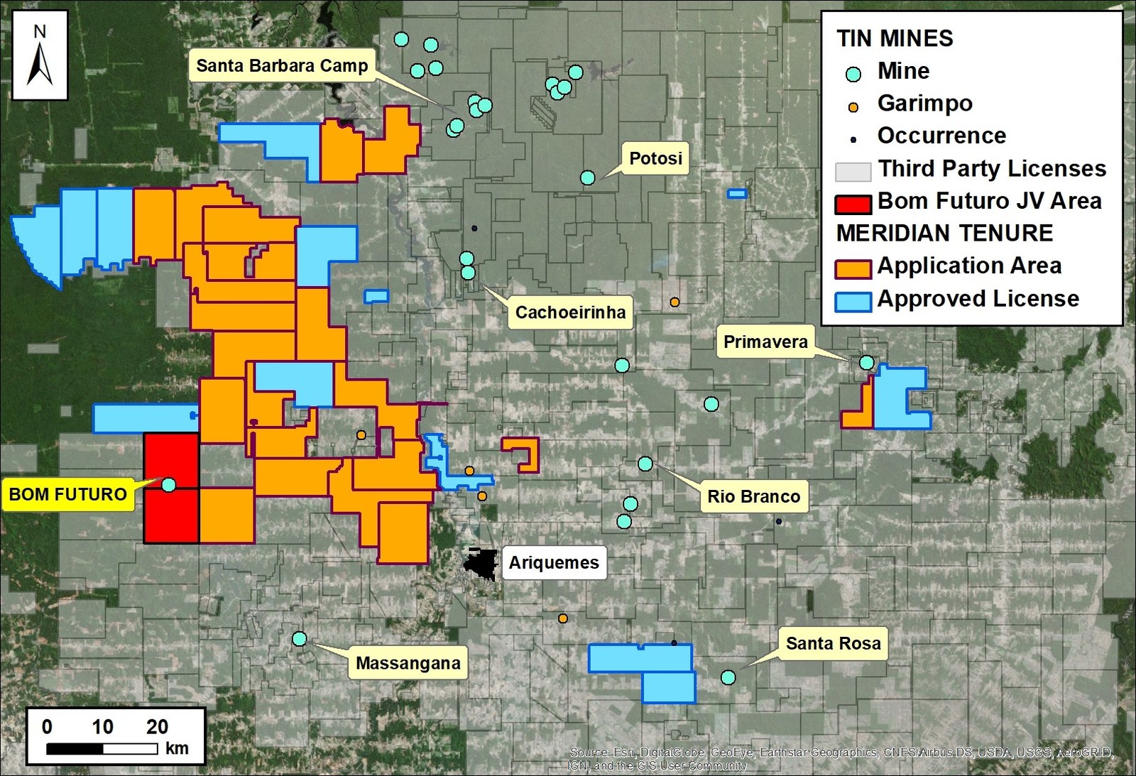 Figure 2: Map of the Ariquemes District, showing the Bom Futuro Joint Venture Area with CooperSanta, and Meridian’s applications and approved license.
