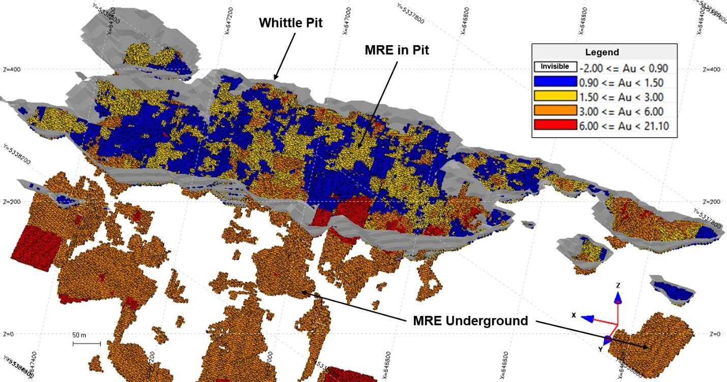Figure 1 Isometric View Looking South-southeast Showing the Block Model of Granada Deposit Updated Mineral Resource by Grade, and its Whittle Pit (CNW Group/Granada Gold Mine Inc.)