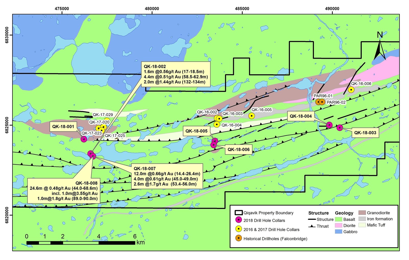 Figure 1: 2018 Qiqavik Drill Hole Locations with Notable Results