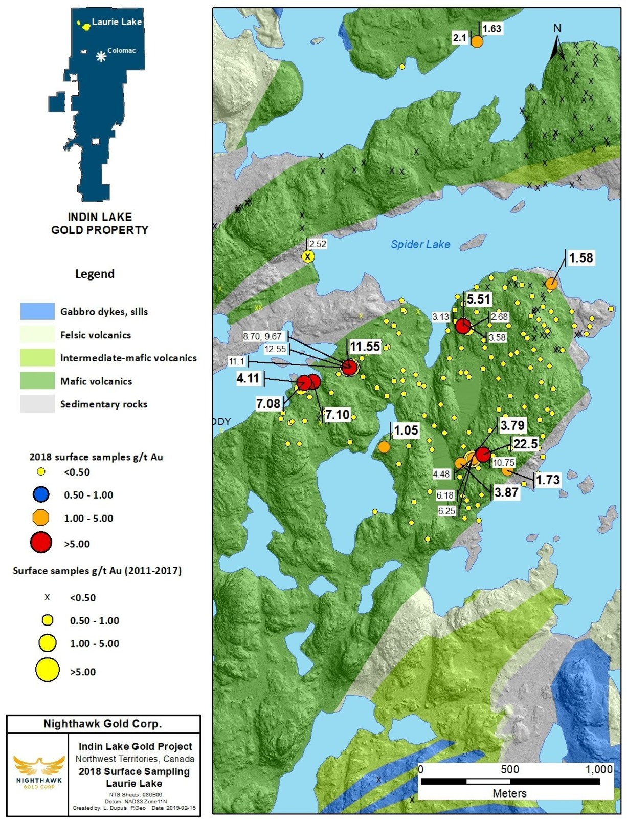 Figure 5. Laurie Lake Location Map and Select Surface Sample Results