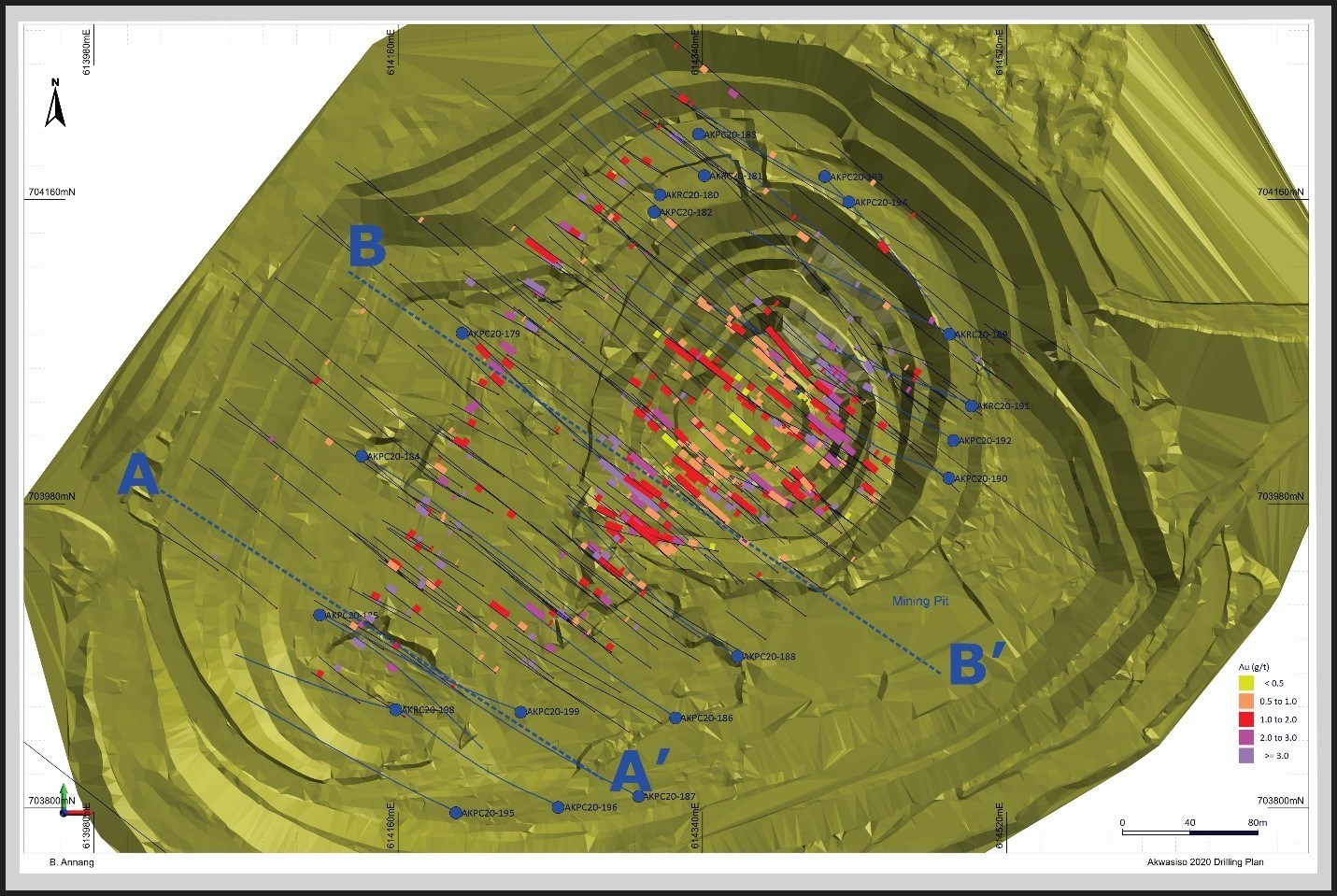 Figure 2.  Plan view of the Akwasiso pit showing intercepts from past drilling and location of current drill holes (blue dots and drill traces).  Mineralization occurs as veins and stockwork along the margin and within the central granite as well as shear-hosted mineralization along the northwest margin. (CNW Group/Galiano Gold Inc.)