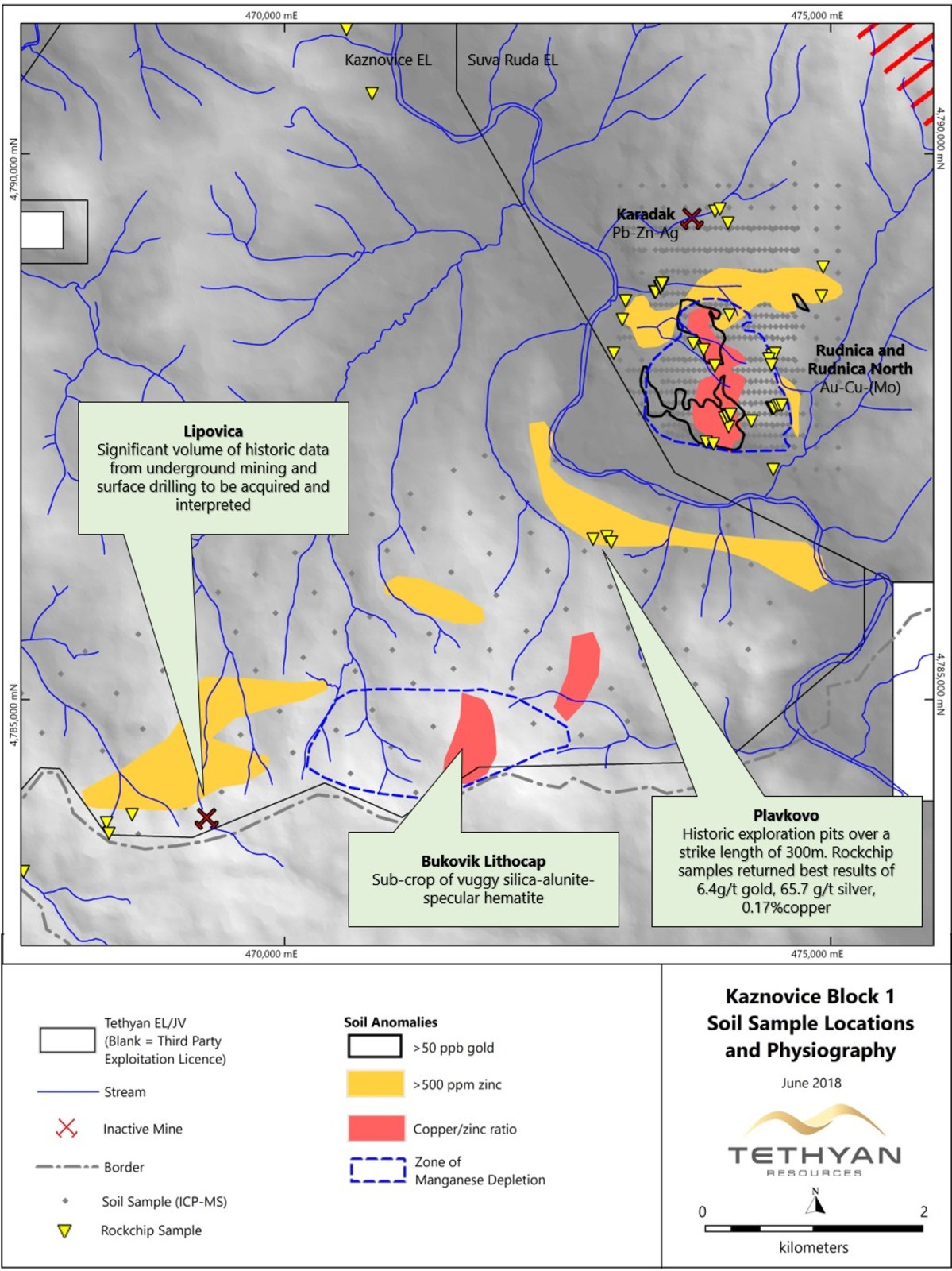 Figure 3: Plavkovo, Bukovic and Lipovica Targets, location of soil grids and soil anomalies, Kaznovice Exploration License.