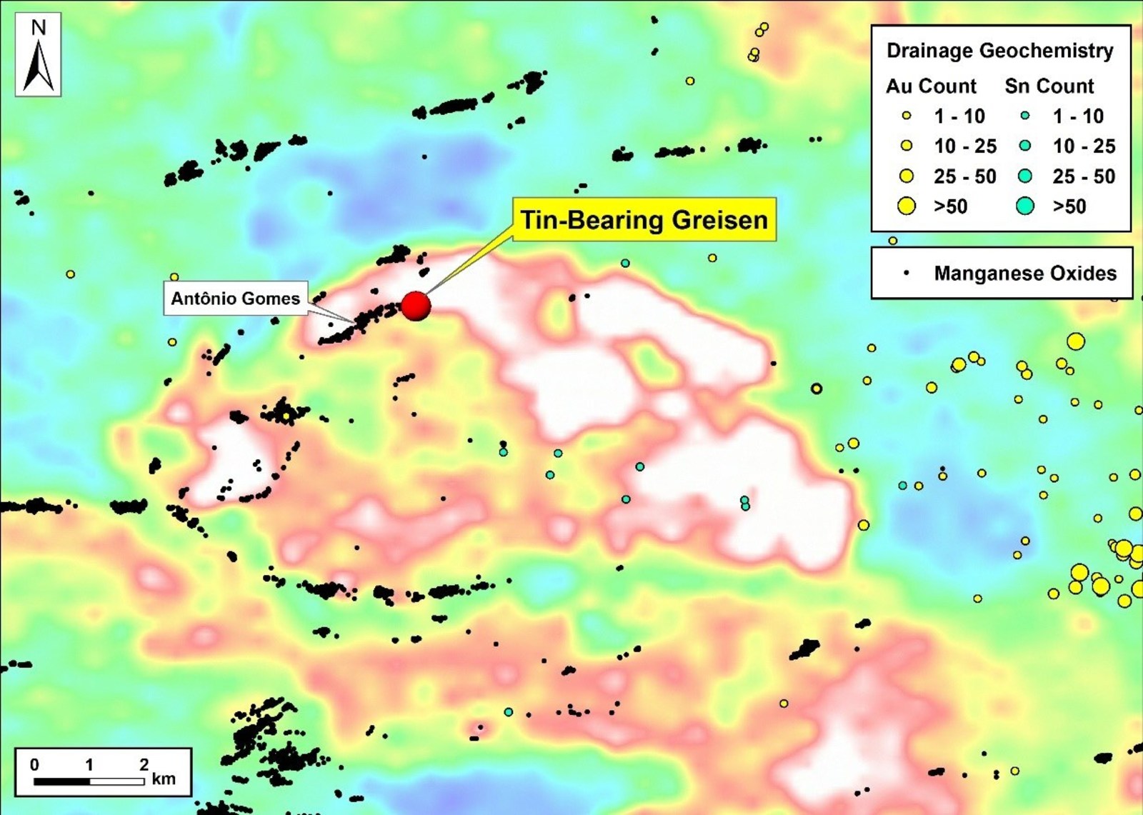 Figure 2: Detail of the tin-bearing greisen location, on the southern flank of a total count radiometric high, along strike from Antônio Gomes manganese deposit.