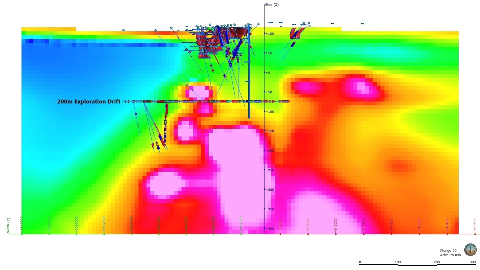 Figure 4: Oblique Section Looking Northeast at Tomtebo Mine with EM Inversion from 3D Voxel Model (CNW Group/District Metals Corp.)