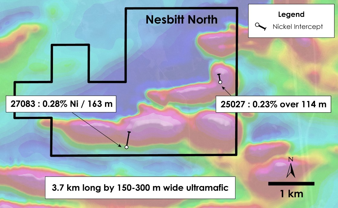 Figure 4 – Plan view of Nesbitt North Property – Historical drilling overlain on total field magnetic intensity, Nesbitt Township, Ontario. (CNW Group/Canada Nickel Company Inc.)