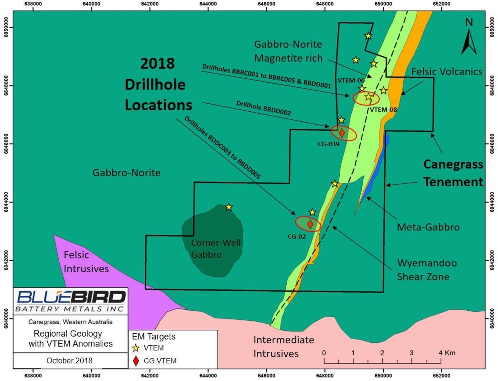 Figure 1: Canegrass Property – Regional Geology with VTEM™ Anomalies
