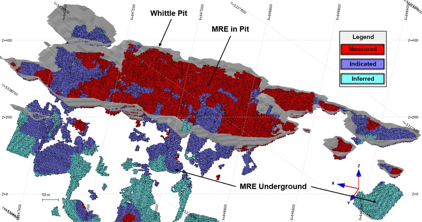 Figure 2 Isometric View Looking South-southeast Showing the Block Model of the Granada Deposit Updated Mineral Resource by Category, and its Whittle Pit (CNW Group/Granada Gold Mine Inc.)
