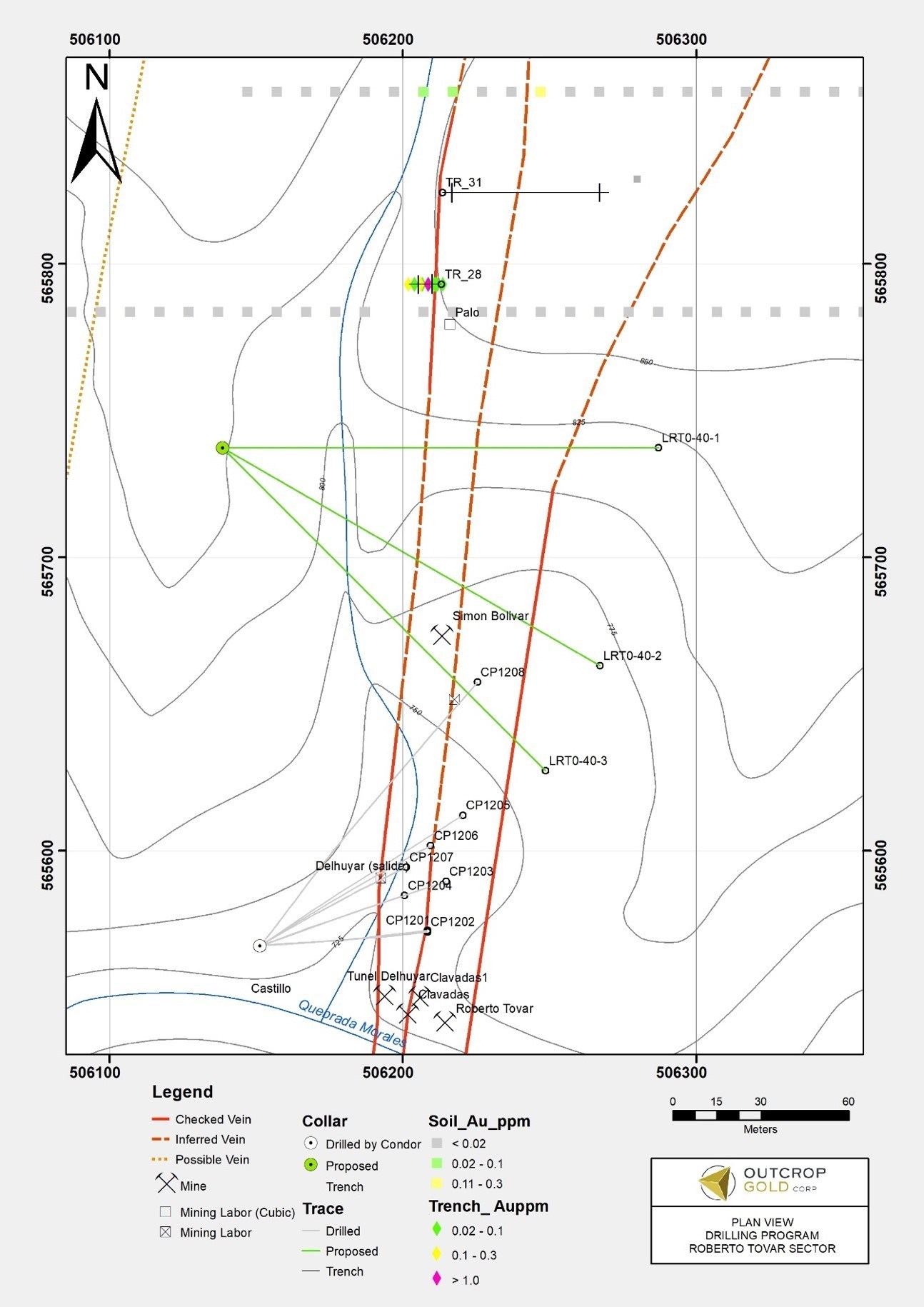 Map 3: Roberto Tovar – Plan map of existing and planned drill holes. The “tunnels” and CP labelled drill holes provide an open shoot that Outcrop will extend and define. (CNW Group/Outcrop Gold Corp.)