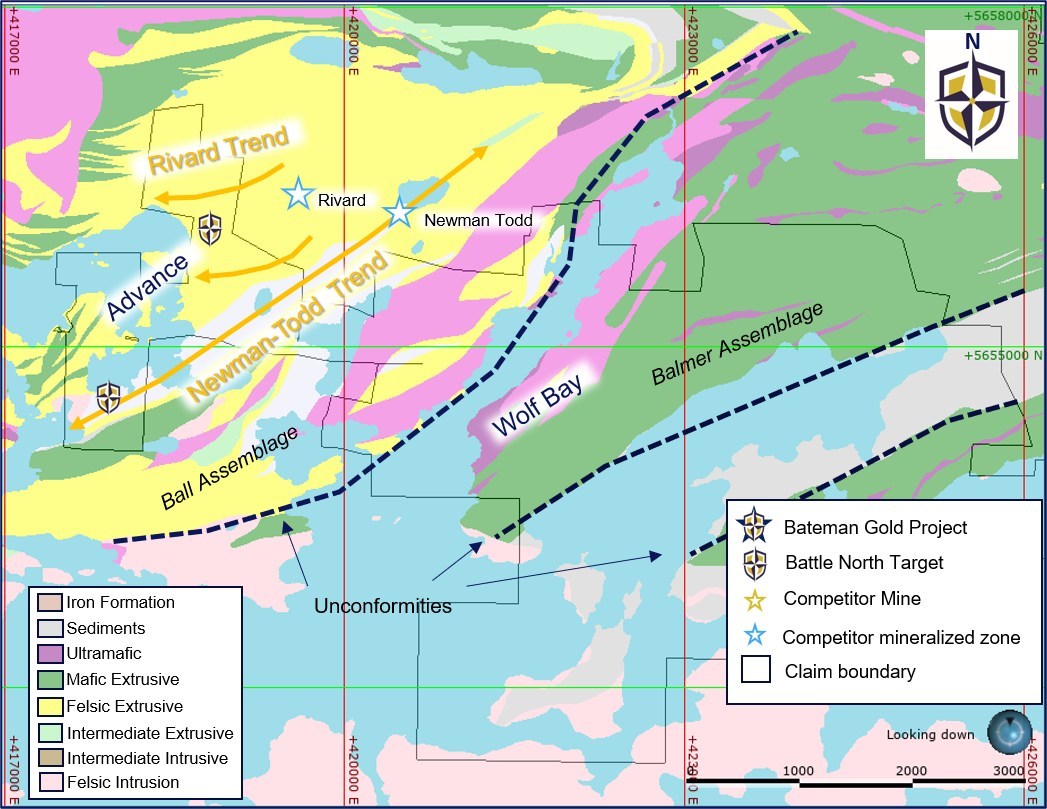 Diagram 6 – Advance-Wolf Bay Target and Geological Map (CNW Group/Battle North Gold Corporation)