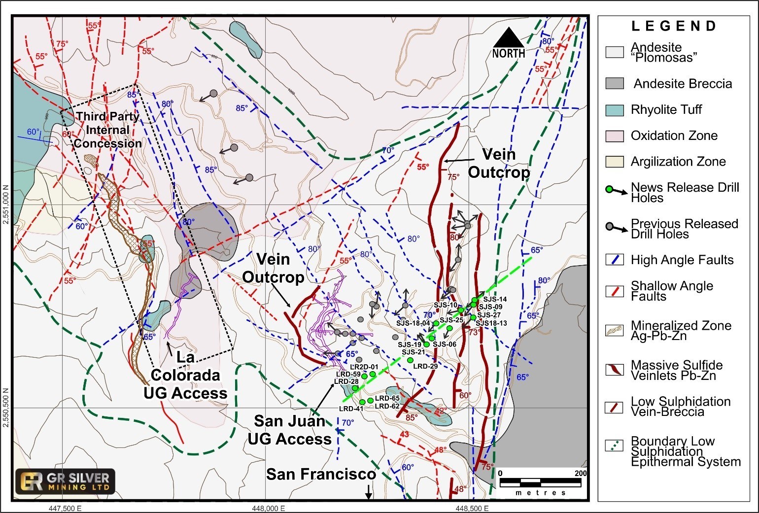 Figure 2: San Juan-La Colorada -San Francisco Area - Drill Hole Location Map - (CNW Group/GR Silver Mining Ltd.)