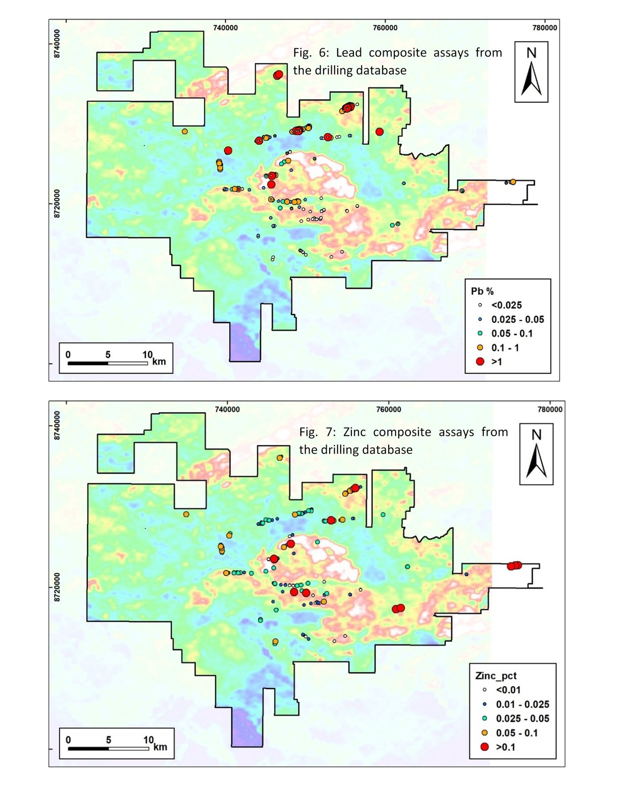 Fig. 6: Lead composite assays from the drilling database
Fig. 7: Zinc composite assays from the drilling database