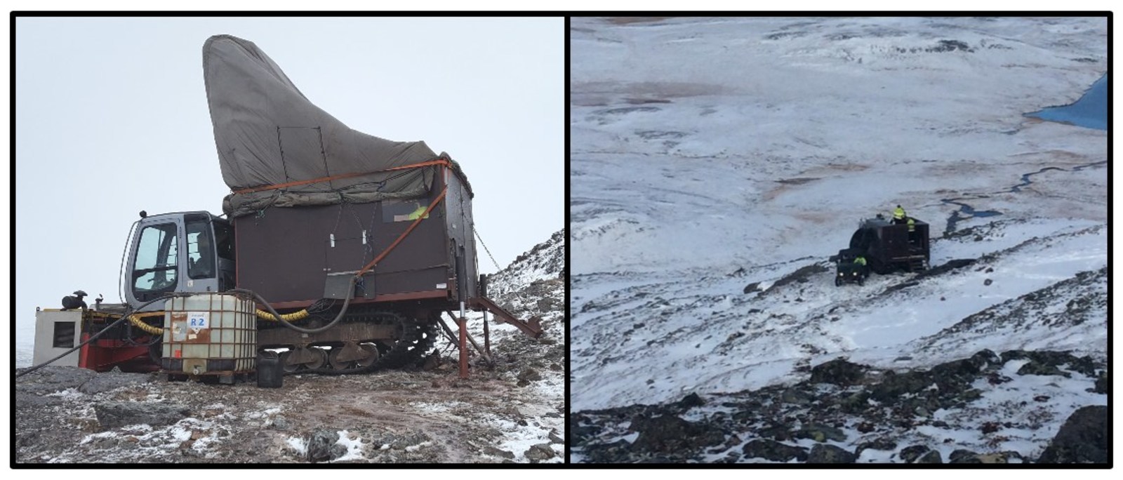 Figure 1. Winterized rig drilling mineralized outcrops at Burfjord.