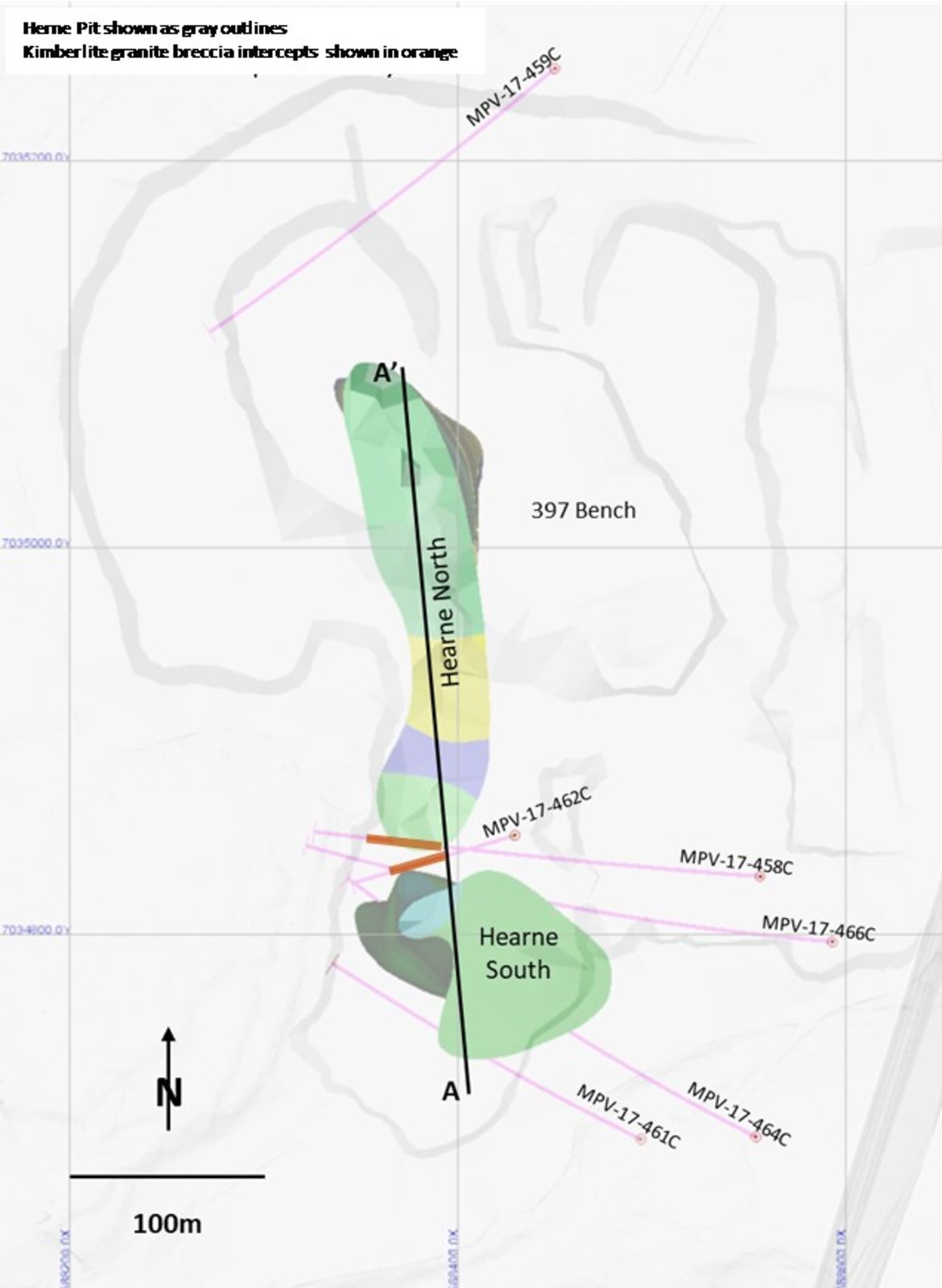 Figure 2: Plan view of drilling completed at Hearne. Kimberlite granite breccia intercepts are highlighted in orange.