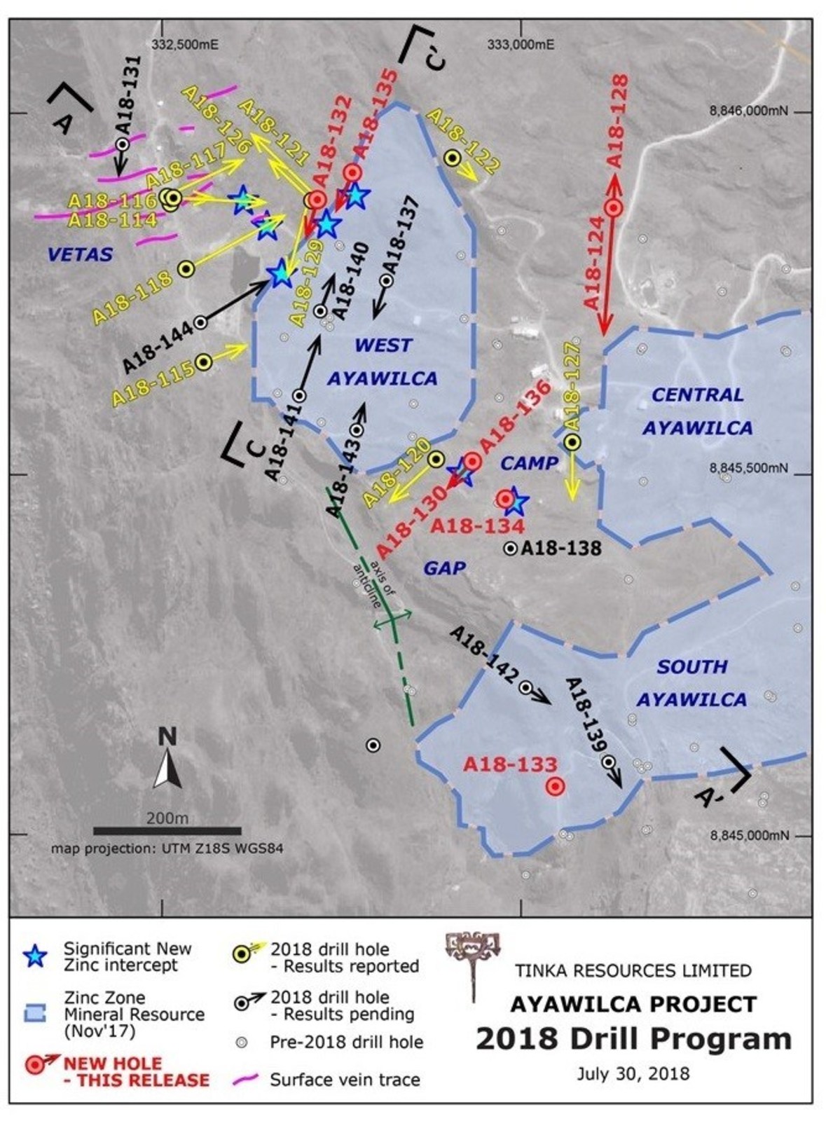 Figure 2.  West & South Ayawilca drill hole map highlighting 2018 holes & current zinc resources