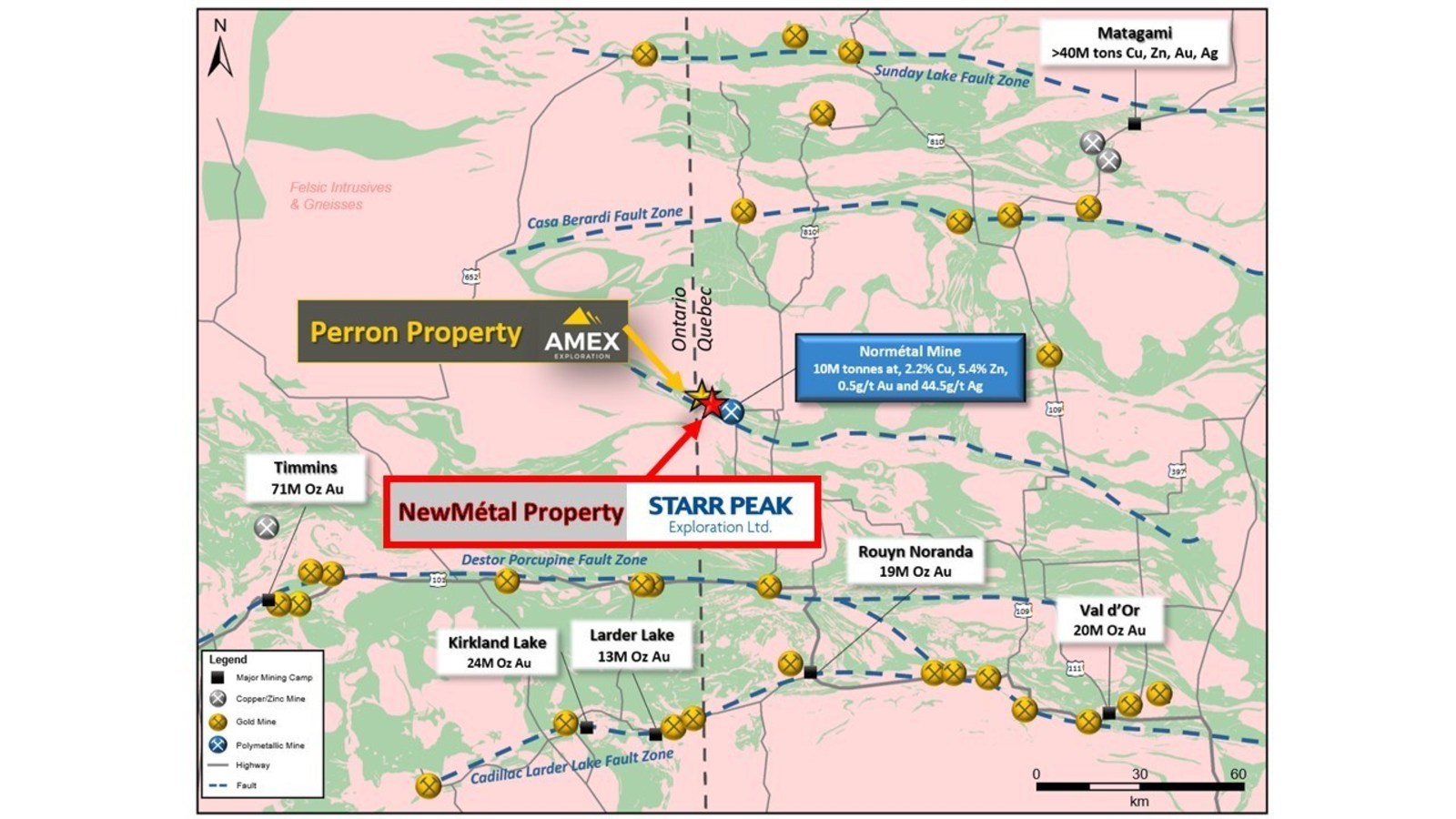 Figure 1: Regional Geology of the Abitibi Greenstone Belt with respect to Starr Peak’s NewMétal Property. Source: Amex Exploration.