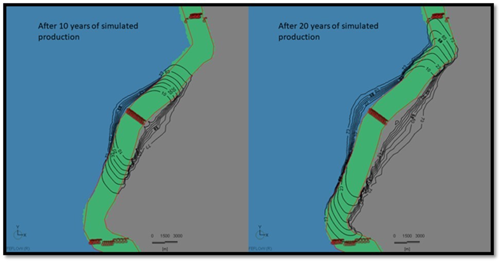 Figure 2: Reservoir modelling of lithium concentration (mg/L) after 10 and 20 years based on an average annual production rate of 128,800 m3/day (CNW Group/E3 Metals Corp.)