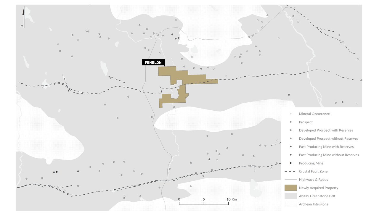 Figure 5: The recently acquired Fenelon Property relative to the greenstone belts, mineral occurrences and major faults. (CNW Group/Trillium Gold Mines Inc.)