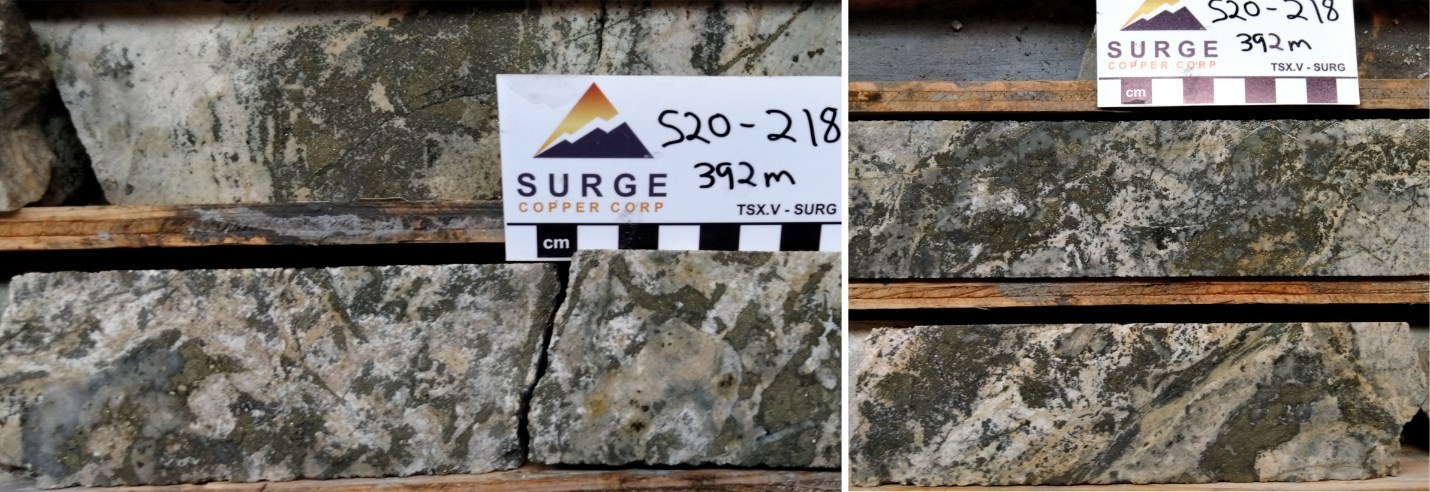 Figure 3. Core from Hole S20-218 around 392 metres depth. Pyrite rich veins and breccias associated with quartz, white clay, and containing low-grade gold mineralization. (CNW Group/Surge Copper Corp.)