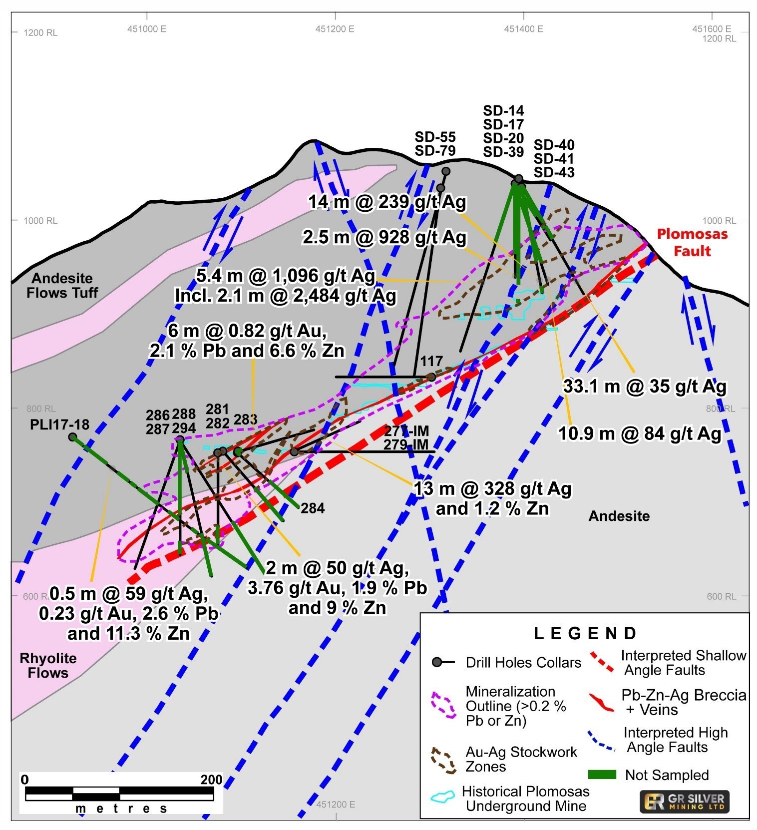 Figure 2: Geological Cross Section – D - D’ at the Plomosas Mine Area (looking to the NW) (CNW Group/GR Silver Mining Ltd.)