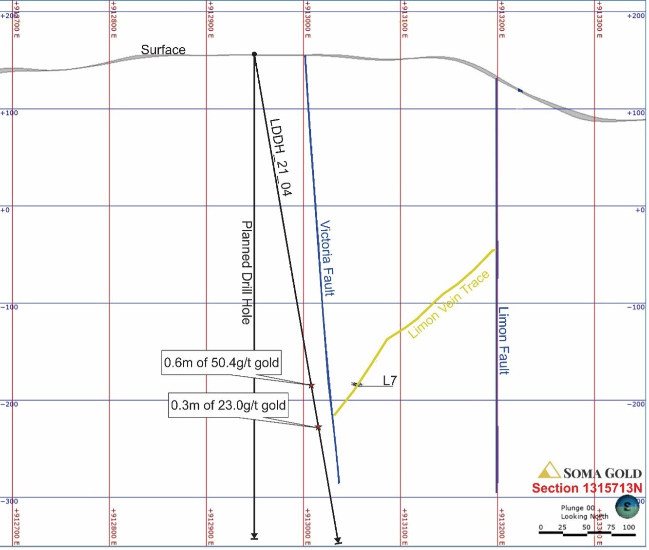 West to East Cross-Section #2 showing vein interceptions of drill hole LDDH_21_004, confirming the vein continuity at the footwall of Victoria fault. (CNW Group/Soma Gold Corp.)