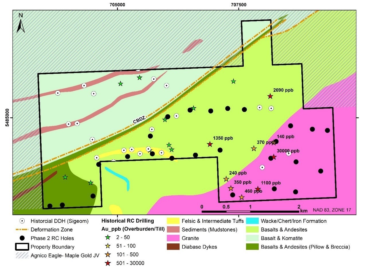 Figure 2: Historical Gold Assay Results in RC Holes with Planned RC Drilling for McClure East (CBDZ= Casa Berardi Deformation Zone). (CNW Group/Orford Mining Corporation)