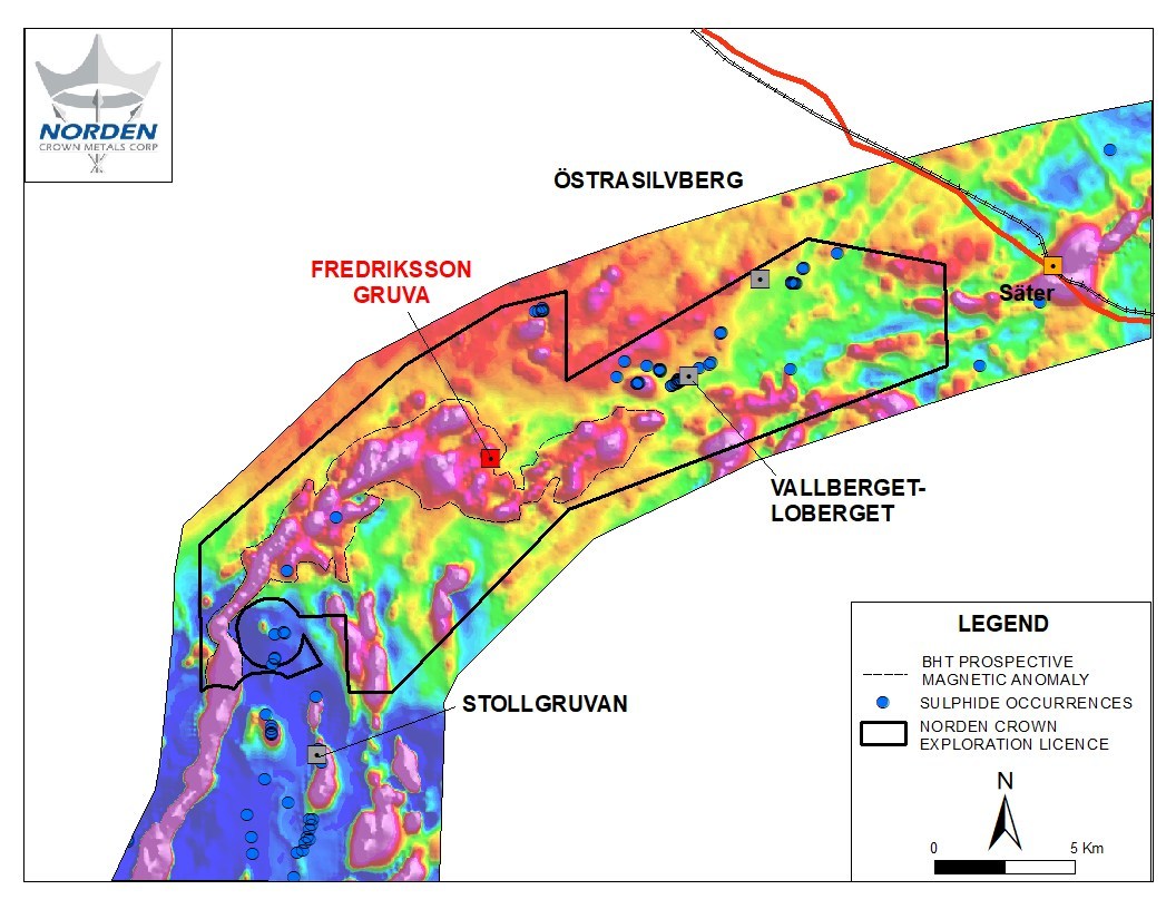 Figure 2.  The location of the Fredriksson Gruva BHT deposit with the greater ~ 21 kilometre ‎long BHT prospective magnetic anomaly.  ‎ (CNW Group/Norden Crown Metals Corp.)