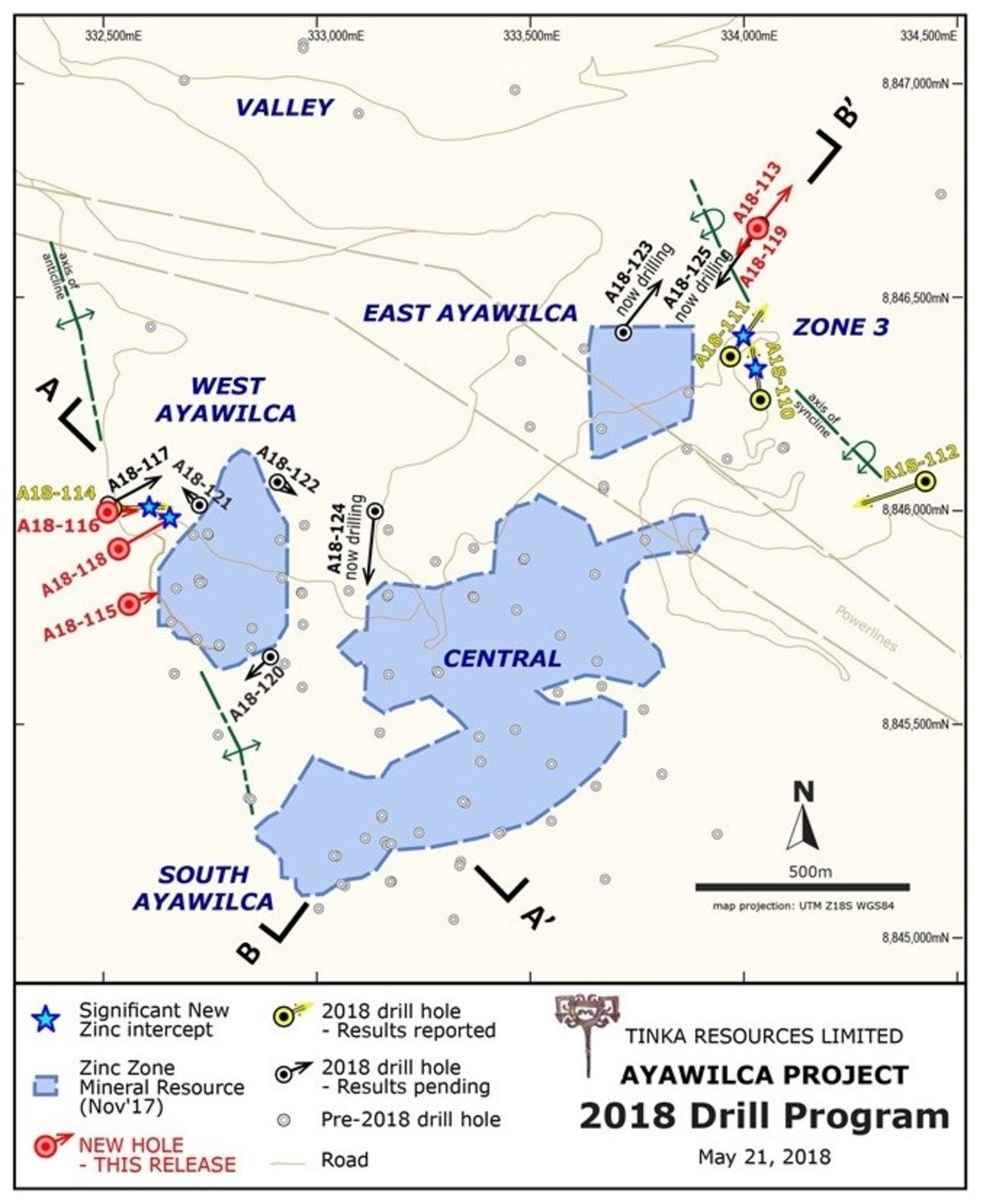 Figure 1.  Ayawilca drill hole location map highlighting 2018 drill holes & known zinc resources
