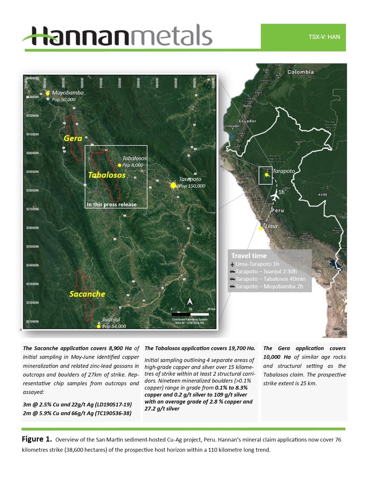 Figure 1. Overview of the San Martin sediment-hosted Cu-Ag project, Peru. Hannan's mineral claim applications now cover 76 kilometres strike of the prospective host horizon within a 110 kilometre long trend.