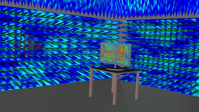 Simulating electromagnetic interference chamber emissions of a touchscreen TV panel including capacitive sensor array