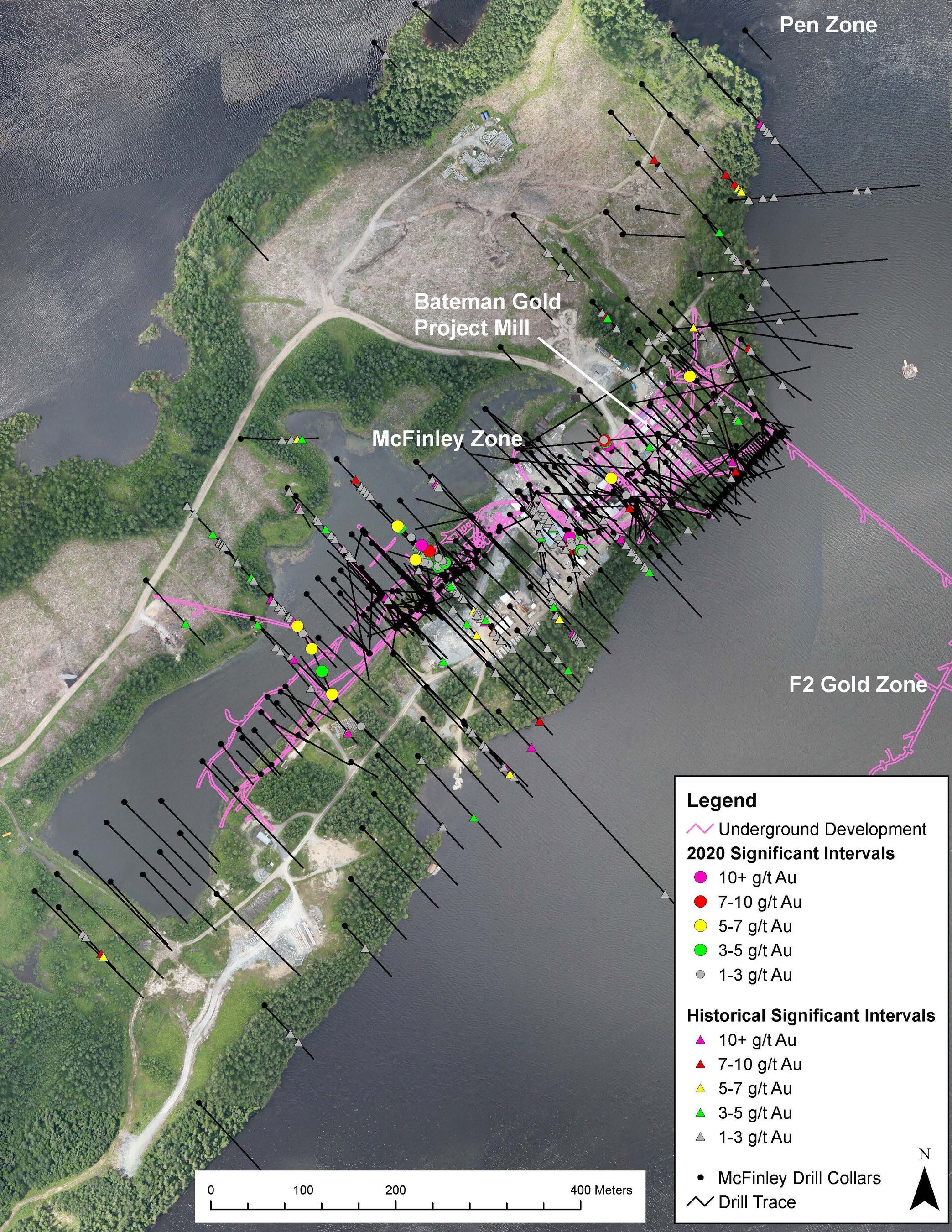 Diagram 2: McFinley Zone Exploration – historical (pre-2020)1 and current (2020)  drilling, plan view (CNW Group/Battle North Gold Corporation)