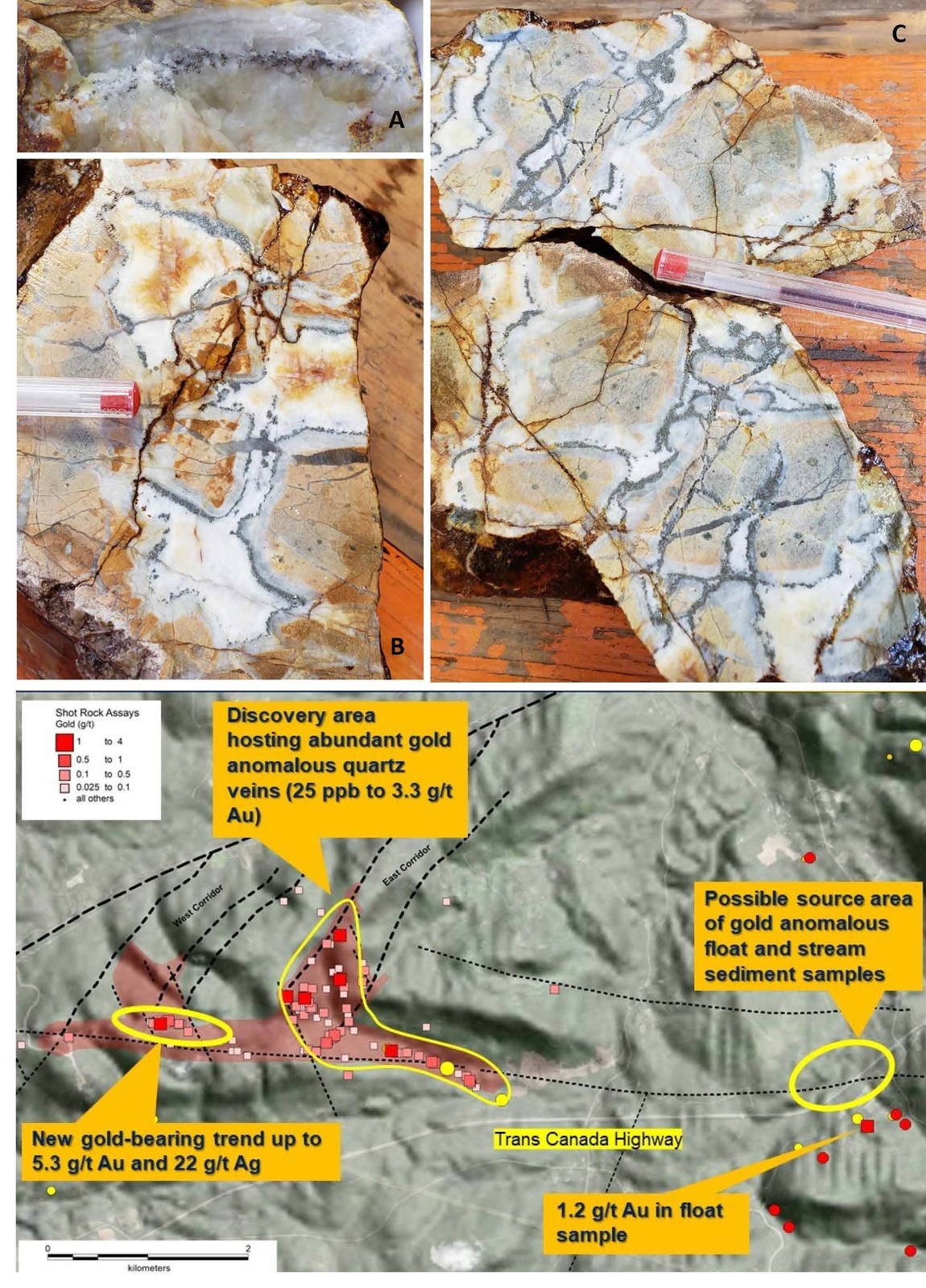 Photo A: Pyrite-rich band from sample assaying 5.3 g/t Au and 22.1 g/ Ag.
Photo B and C: Examples of follow up sampling to Photo A exhibiting dark bands consisting dominantly of Pyrite with lessor silver-bearing minerals.