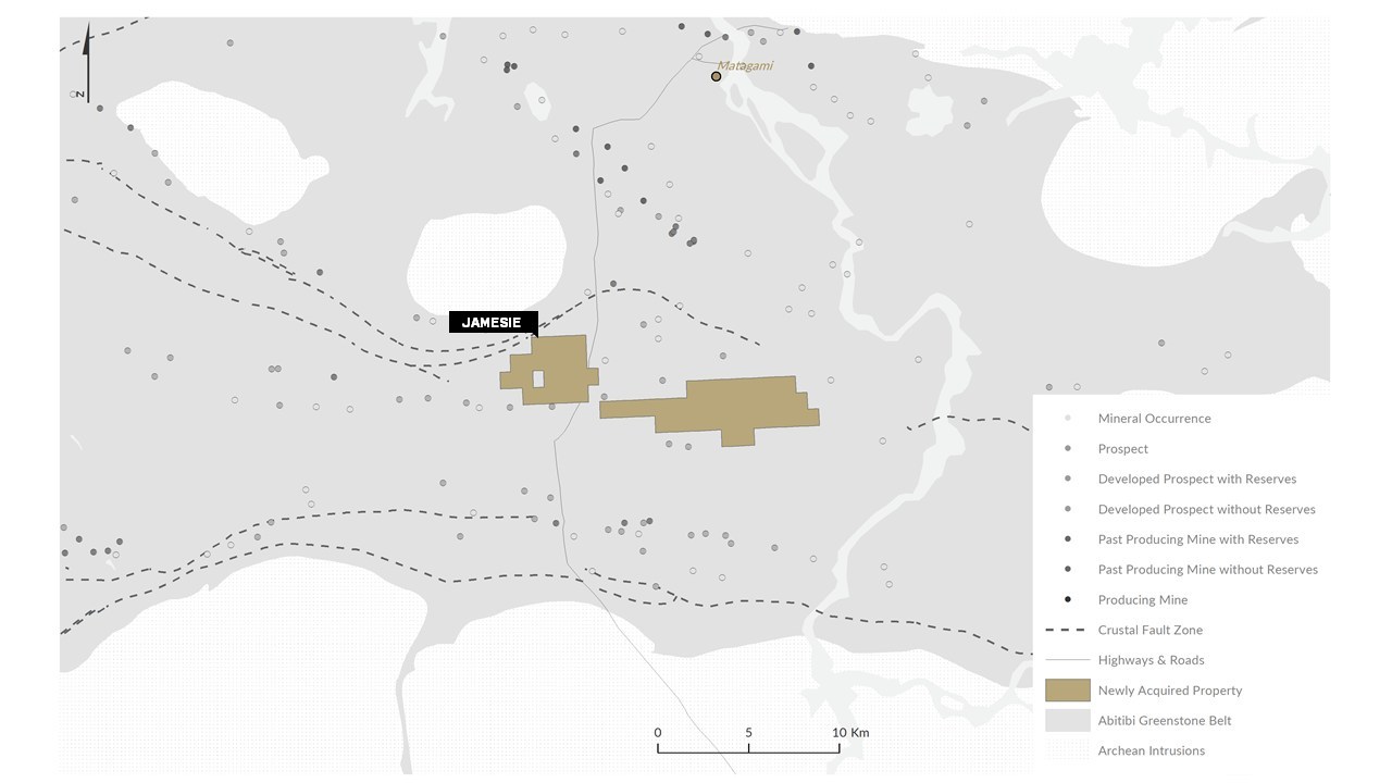 Figure 6: The recently acquired Jamesie Property relative to the greenstone belts, mineral occurrences and major faults. (CNW Group/Trillium Gold Mines Inc.)