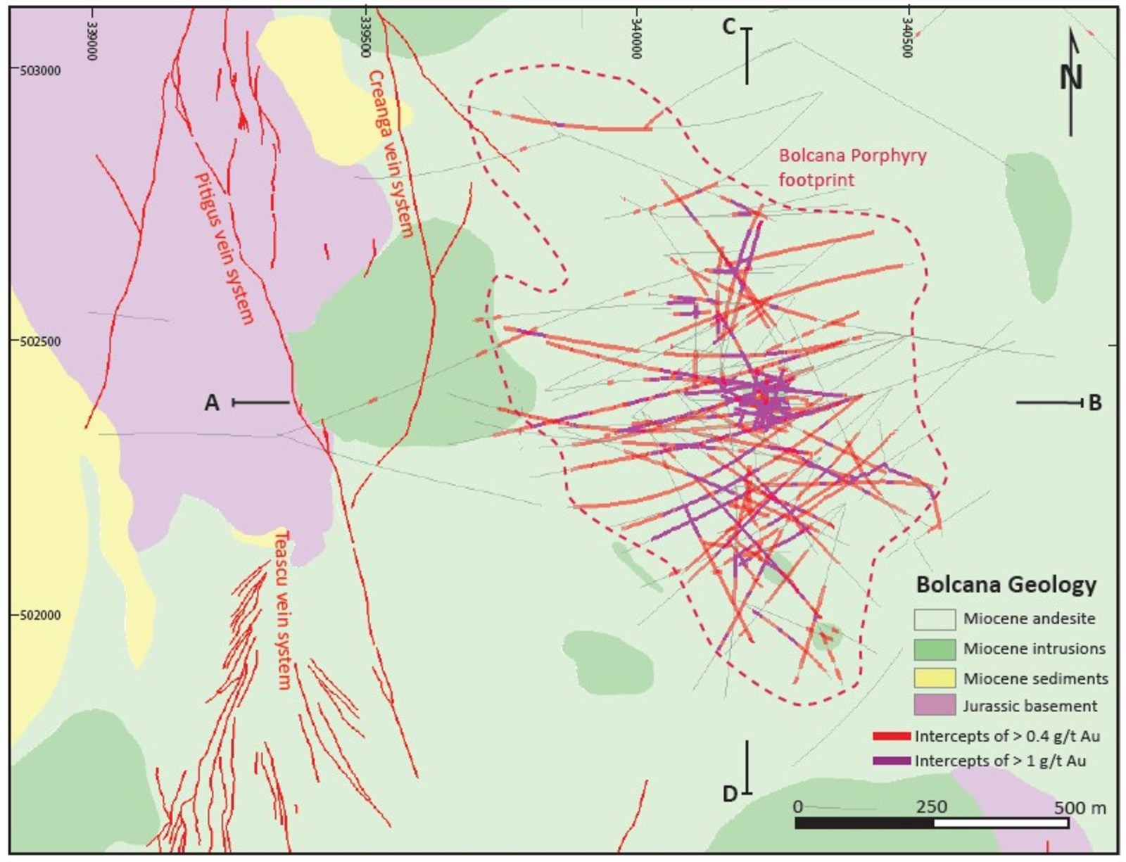 Figure 3: Geological map of the Bolcana Project area showing outline of the Au-Cu porphyry system and traces of drillholes completed in 2017 and 2018 programs.
