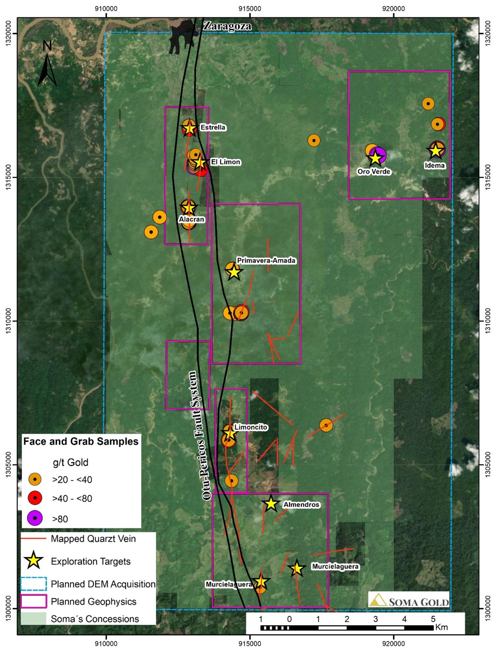 Map #1: Plan view of the exploration potential for Soma’s concessions. High gold grades are mostly related to Out-Pericos fault trace. Most of the mapped veins have a well-defined NS trend. (CNW Group/Soma Gold Corp.)