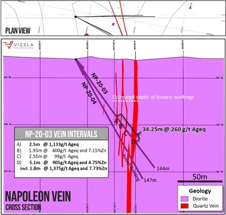 Vizsla Resources - Napoleon - Cross section through holes NP-20-03 and NP-20-04 with intersections labelled. (CNW Group/Vizsla Resources Corp.)