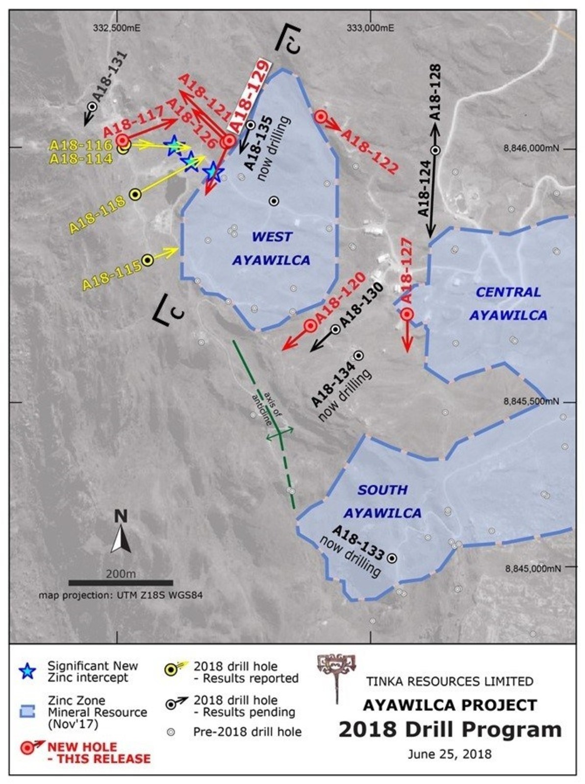 Figure 2.  Drill hole map of West Ayawilca highlighting recent 2018 holes & known zinc resources