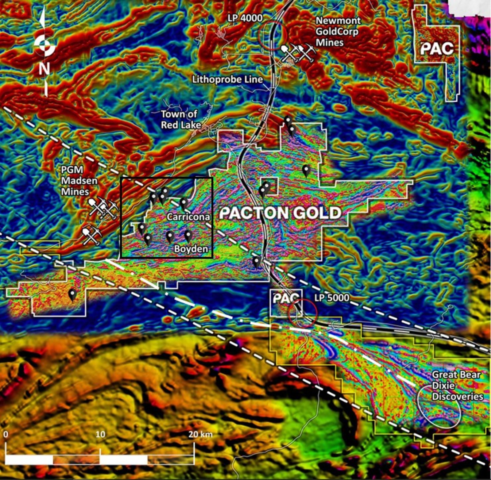 Figure 1. Pacton Red Lake claims superimposed on derivative, regional magnetic maps; and high-resolution heli-mag first derivative data. Lithoprobe transect WS-2b is shown with two reference waypoints. Selected mines and selected gold occurrences are indicated. The Carricona and Boyden areas indicate Pacton's current field activities. At lower right, the location of Great Bear Resources' recent discoveries are indicated, overlain on a magnetic derivative map published by Great Bear. A significant, 50 km multi-fault structural corridor is delineated  by two white dashed lines. Riedel shear swarms, within and near the structural corridor, in the Carricona and Boyden areas, are clearly expressed by the magnetic fabric.
