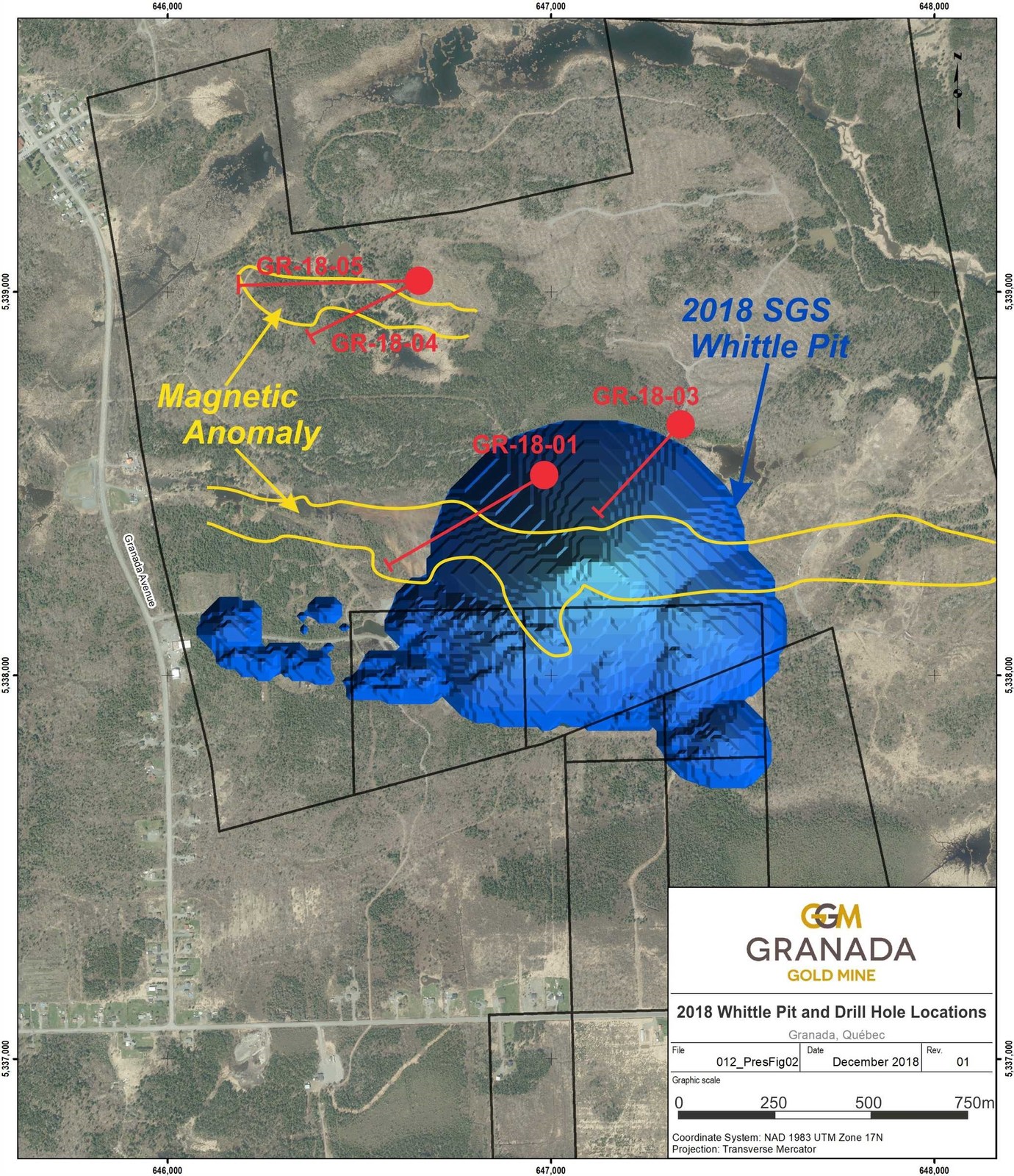Location of drill holes reported here, 2018 Whittle Pit, and Magnetic Anomalies