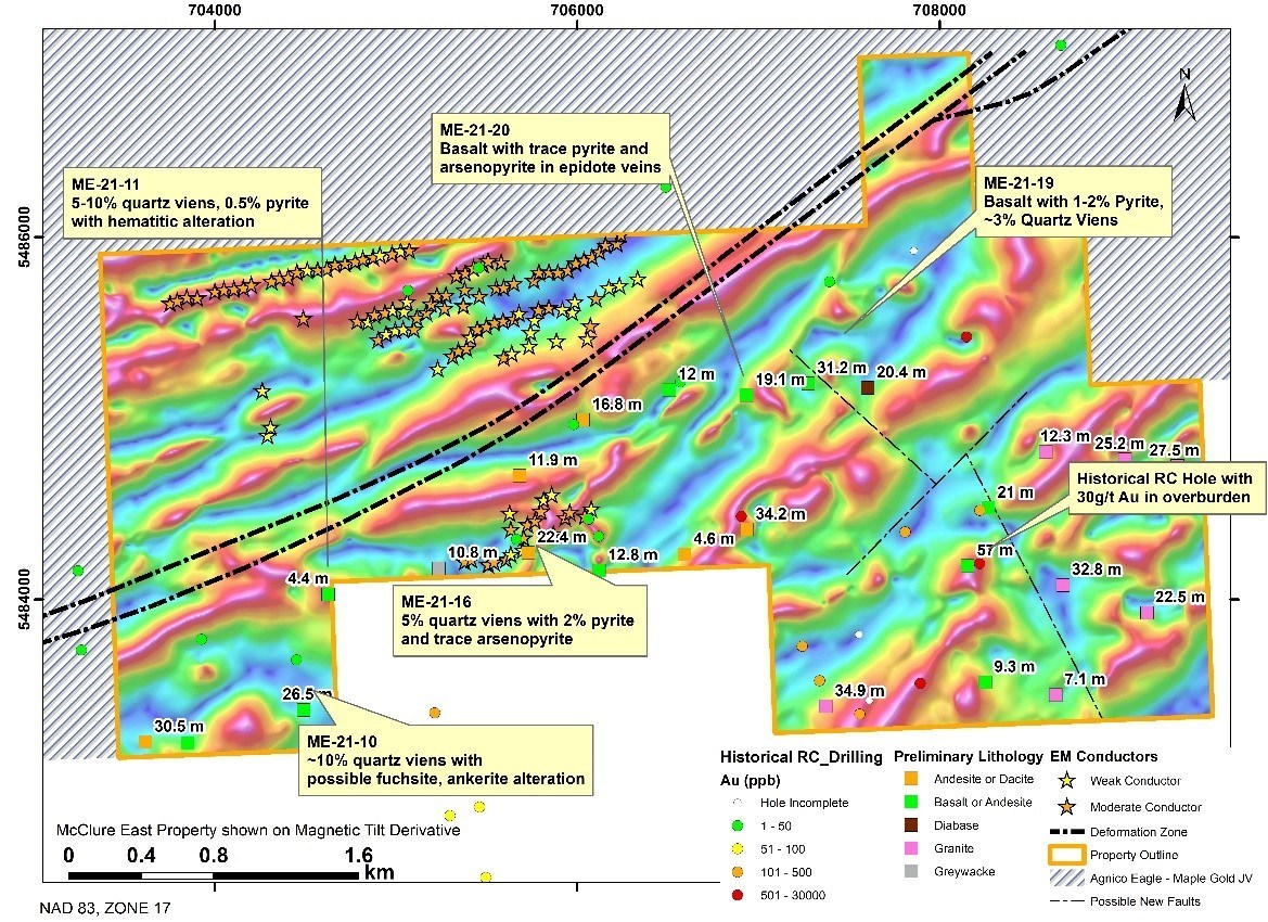 Figure 2: Historical Gold Assay Results in RC Holes with Completed 2021 RC Drilling for McClure East (CNW Group/Orford Mining Corporation)