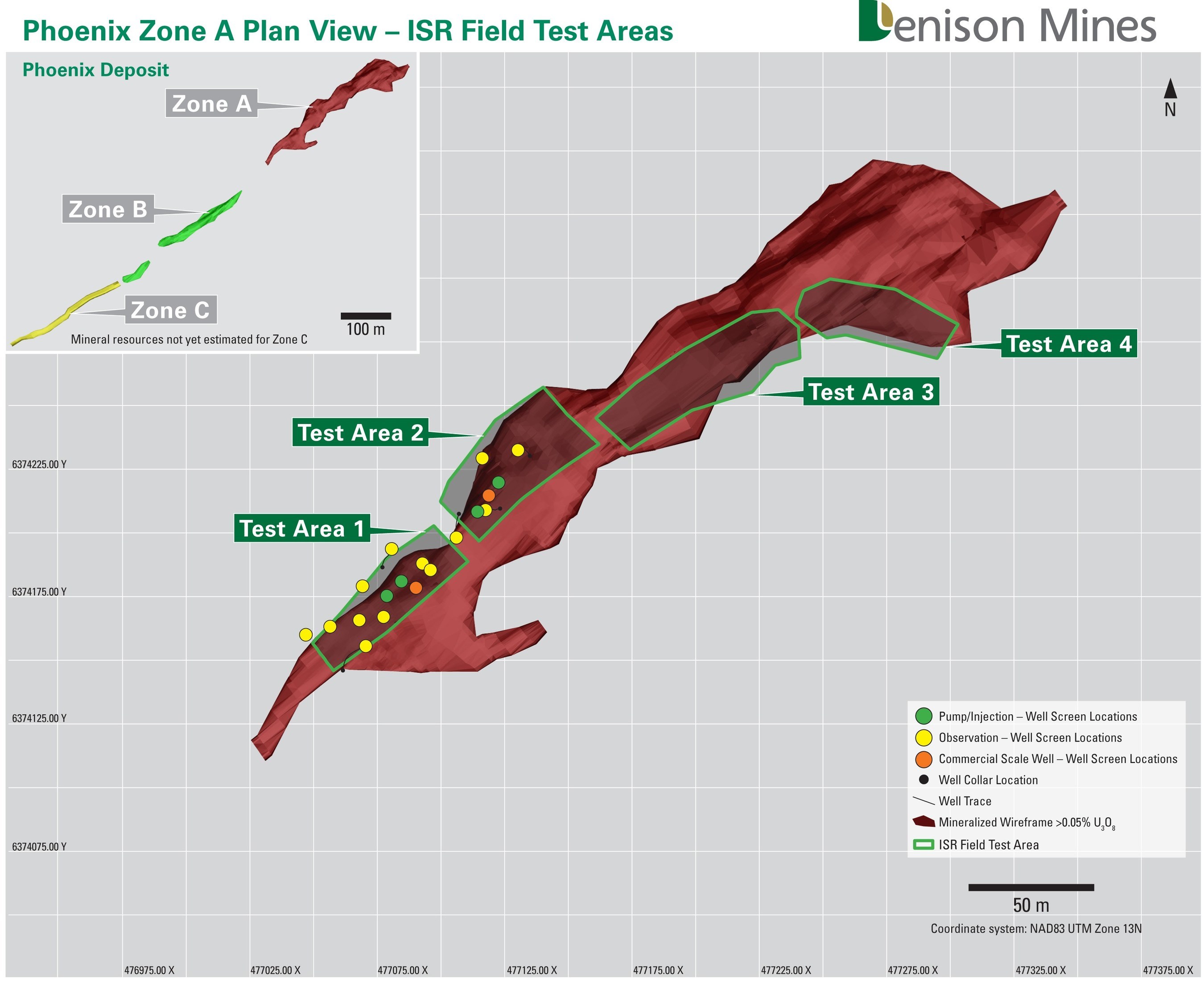 Figure 1. Phoenix Zone A plan view showing Test Areas delineated for ISR field testing. (CNW Group/Denison Mines Corp.)