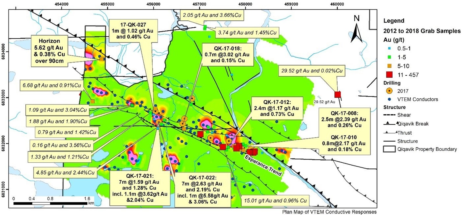 Figure 3: Plan map of EM “Lenses” at Esperance and Past Drilling