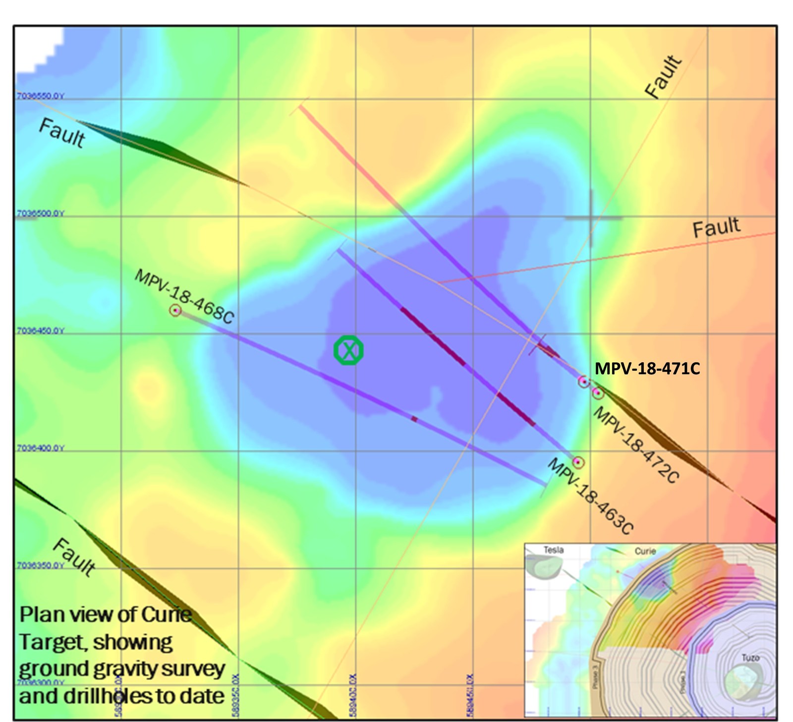 Figure 3: Plan view of drilling completed at the Curie kimberlite, wth kimberlite intercepts indicated in red. Inset shows position of the Curie kimberlite relative to the open pit plan at Tuzo.