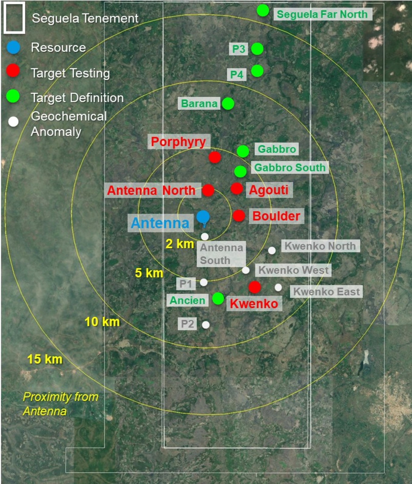 Figure 2: Séguéla Project exploration portfolio targets within 15km of the Antenna deposit
