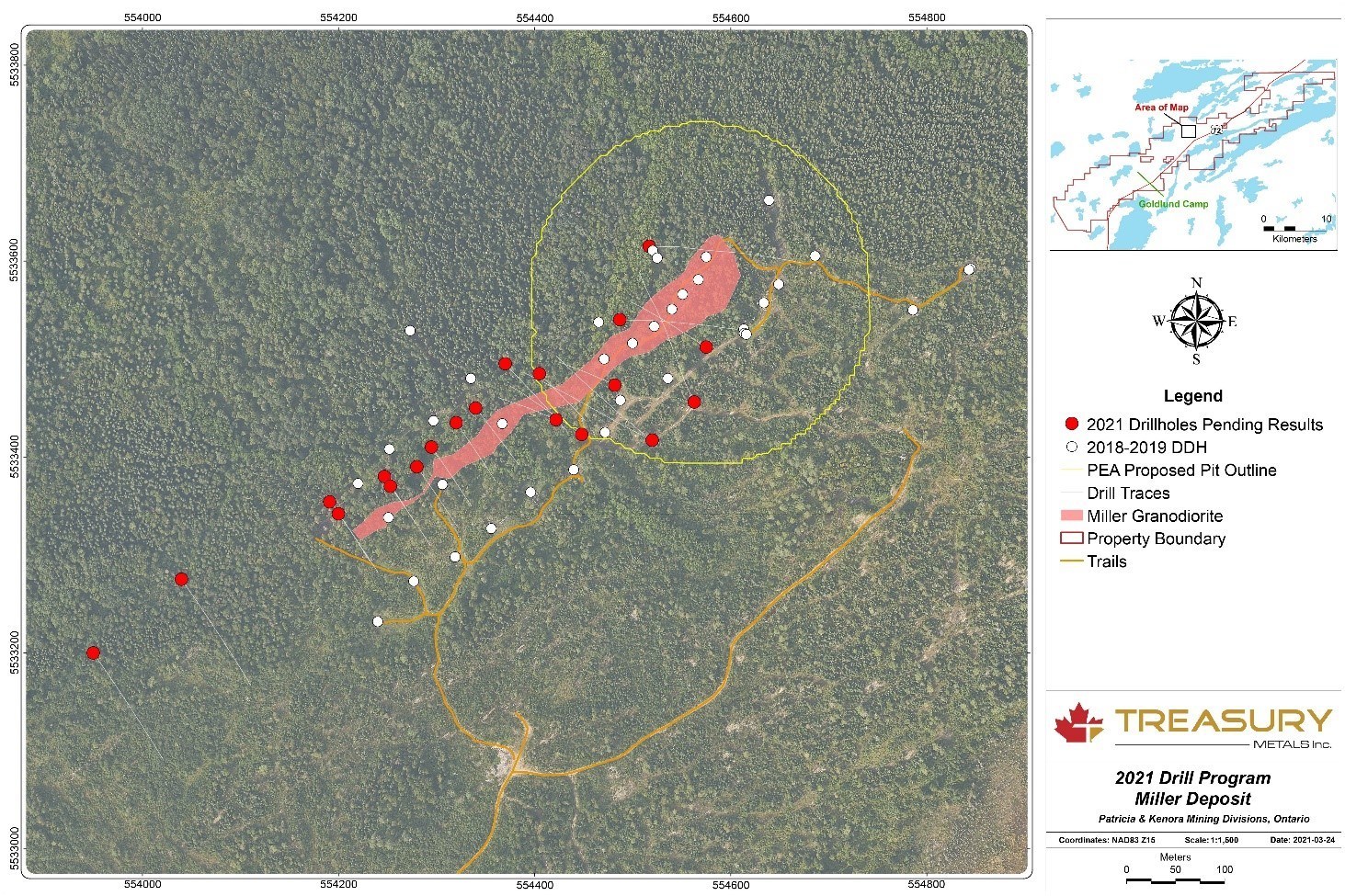Figure 5: Miller deposit 2021 drill program Plan Map (CNW Group/Treasury Metals Inc.)