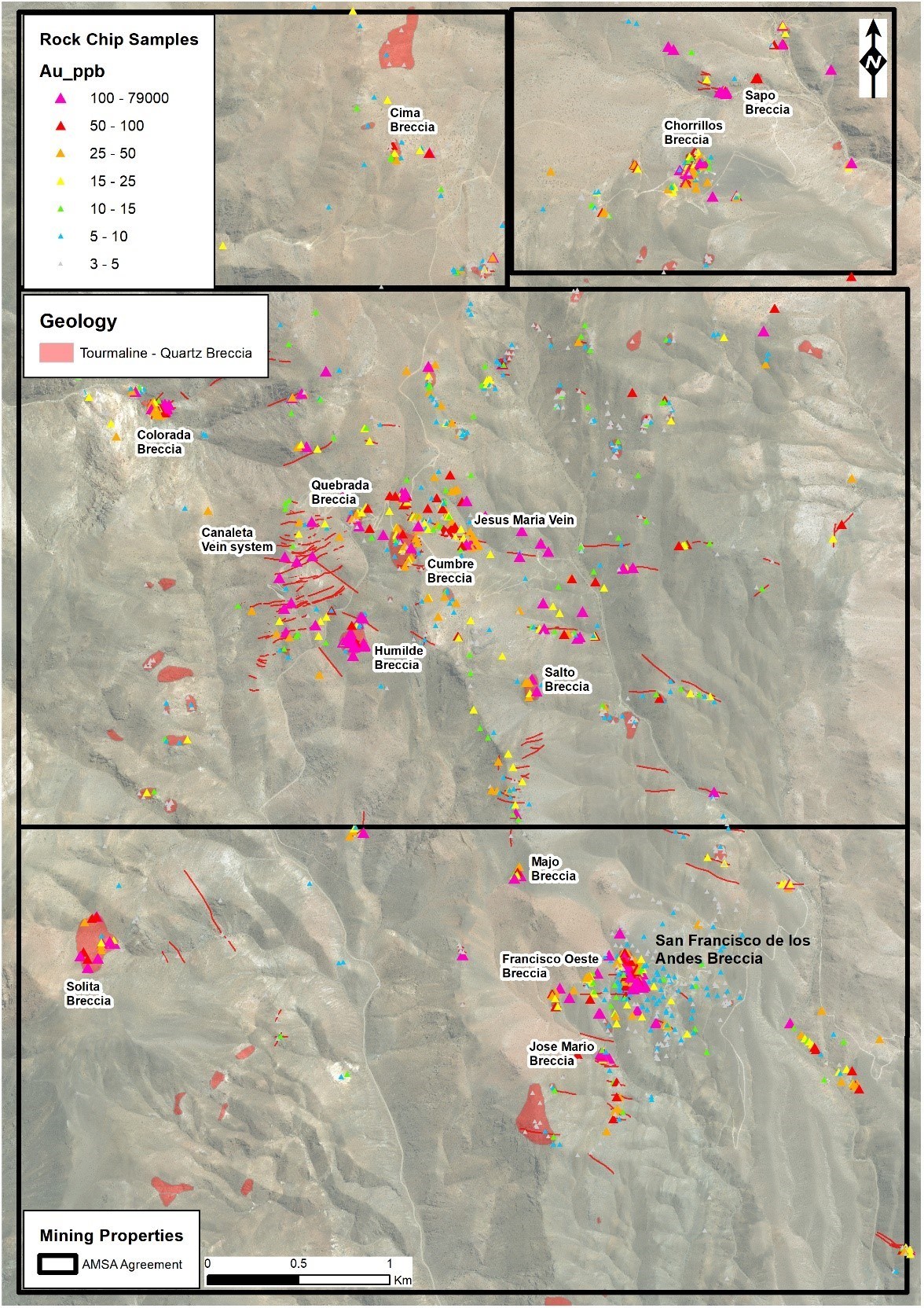 Figure 3: Rock chip gold results from the project area. The highest rock chip gold assays in the project area were returned from the Humilde breccia pipe, located approximately 3 km northwest of the San Francisco de Los Andes (SFdLA) breccia pipe. (CNW Group/Turmalina Metals Corp.)