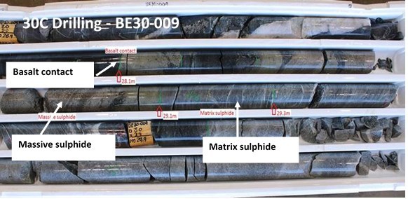 Figure 2: 30C Nickel Trough intersection for drill hole BE30-009. 28.1m – 29.4m, 1.32m @ 7.7% Ni (CNW Group/Karora Resources Inc.)